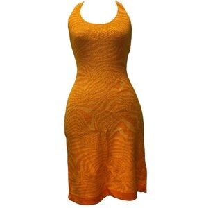 knit orange swirl mini halter dress | open back | 70s retro | like new